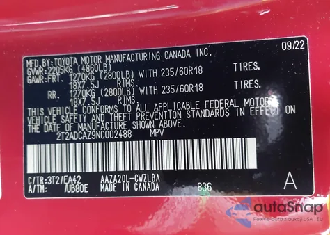 2022 Lexus Nx 250 z USA, uszkodzony, nr VIN 2T2ADCAZ9NC002488